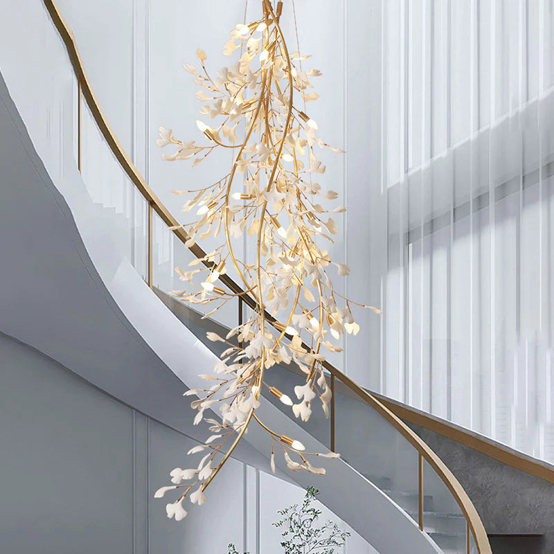 Aria Ginkgo Porcelain Petal Staircase Modern Chandelier, Long Branch Chandelier