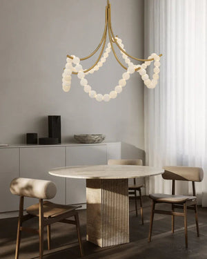 Cluster String Alabaster Beads Semi Flush Chandelier in Brass & Black Metal Rod American chandelier