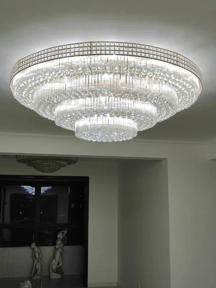 Extra Large Three Layers Round Luxury Flush Mounted Crystal Chandelier for Living Room