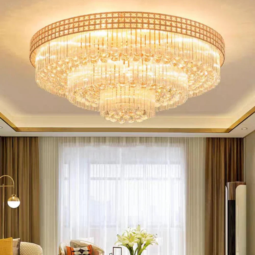 Extra Large Three Layers Round Luxury Flush Mounted Crystal Chandelier for Living Room