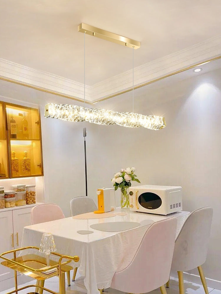 New Nordic Light Luxury Rectangle Brass and Crystal Pendant for Dining Room/Kitchen Island