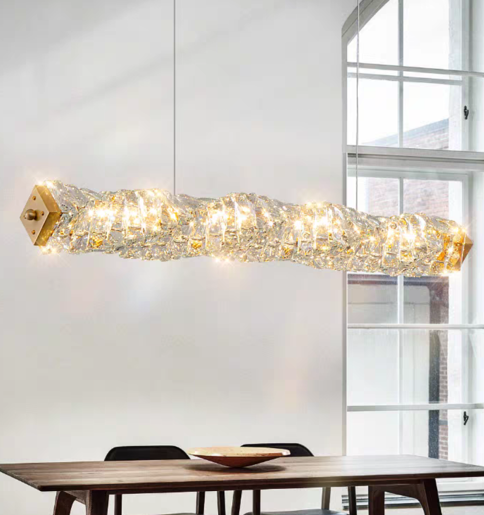 New Nordic Light Luxury Rectangle Brass and Crystal Pendant for Dining Room/Kitchen Island