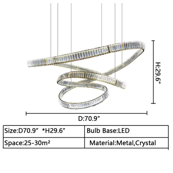 D70.9"*H29.6" Elegant Restaurant Rings Crystal Chandelier Foyer Living Room Ceiling Pendant Light Fixture