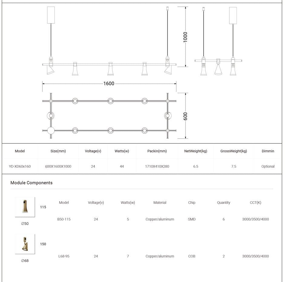 YX Module B Rectangular 2 Taper Spot Light Chandelier