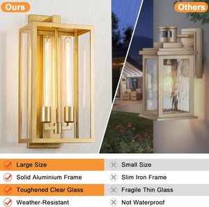 21" Gold Outdoor Wall Sconce with Glass Shade, Waterproof