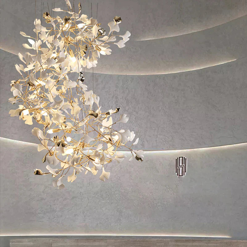 Aria Ginkgo Porcelain Petal Staircase Modern Chandelier, Long Branch Chandelier