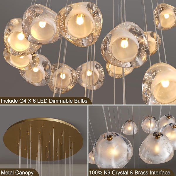 30-Light Gold Crystal Staircase Chandelier with Adjustable Bubble Shades