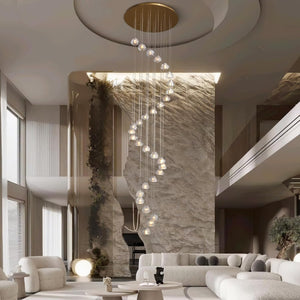 30-Light Gold Crystal Staircase Chandelier with Adjustable Bubble Shades