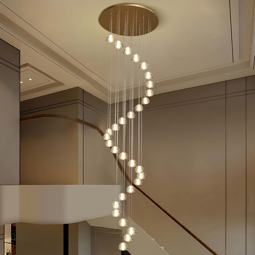 30-Light Gold Crystal Staircase Chandelier with Adjustable Bubble Shades