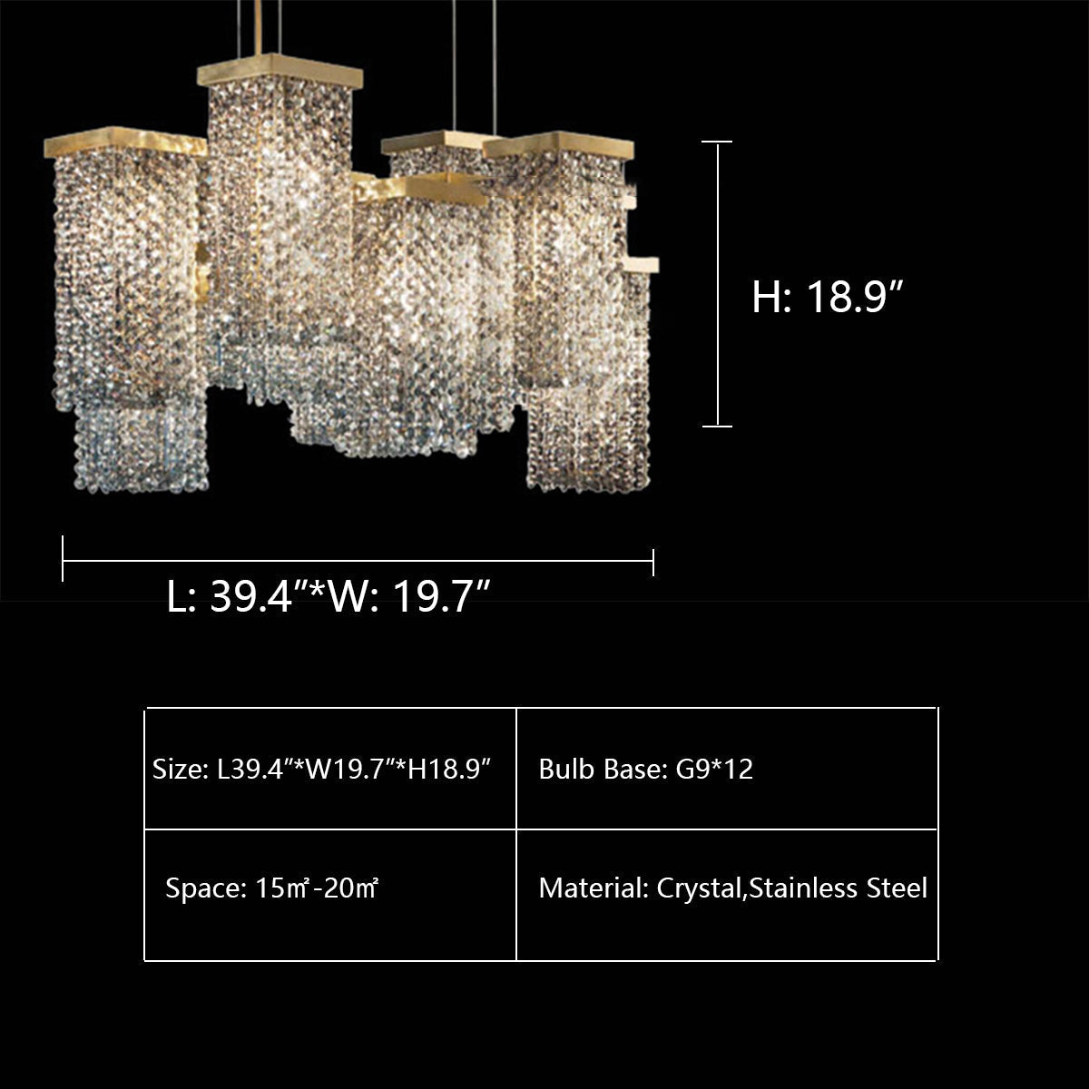 L39.4"*W19.7"*H18.9" chandelier,chandeliers,rectangular,brass,crystal,kitchen island,dining room,living room,dining room chandelier,crystal fixture light,light luxury