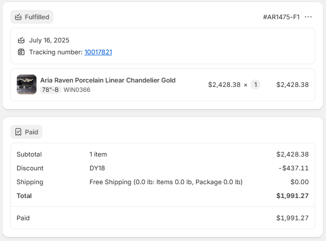 Expedited Shipping- Aria Raven Porcelain Linear Chandelier Gold 78"-B