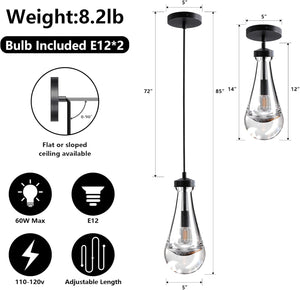 Modern Nickel Pendant Light, Raindrop Hanging Light Fixtures for Kitchen Island, Indoor Crystal Ceiling Light Fixtures with Clear Solid Crystal Raindrop for Living Room Hallway