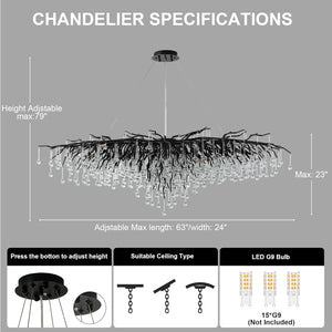 63" Black 15-Light Modern Crystal Tree Branch Chandelier