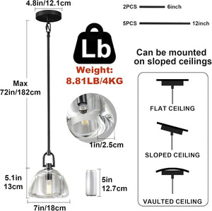 7" Black Glass Modern Pendant Light with Adjustable Height and Included E12 Bulb