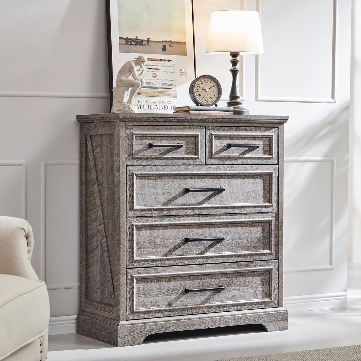Rustic Grey Farmhouse 5-Drawer Dresser | Bedroom Storage Organizer
