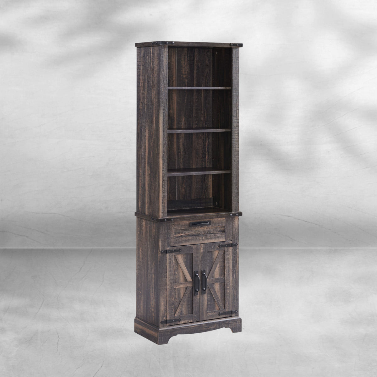72" Tall Farmhouse Bookcase with Barn Door and Storage Cabinet