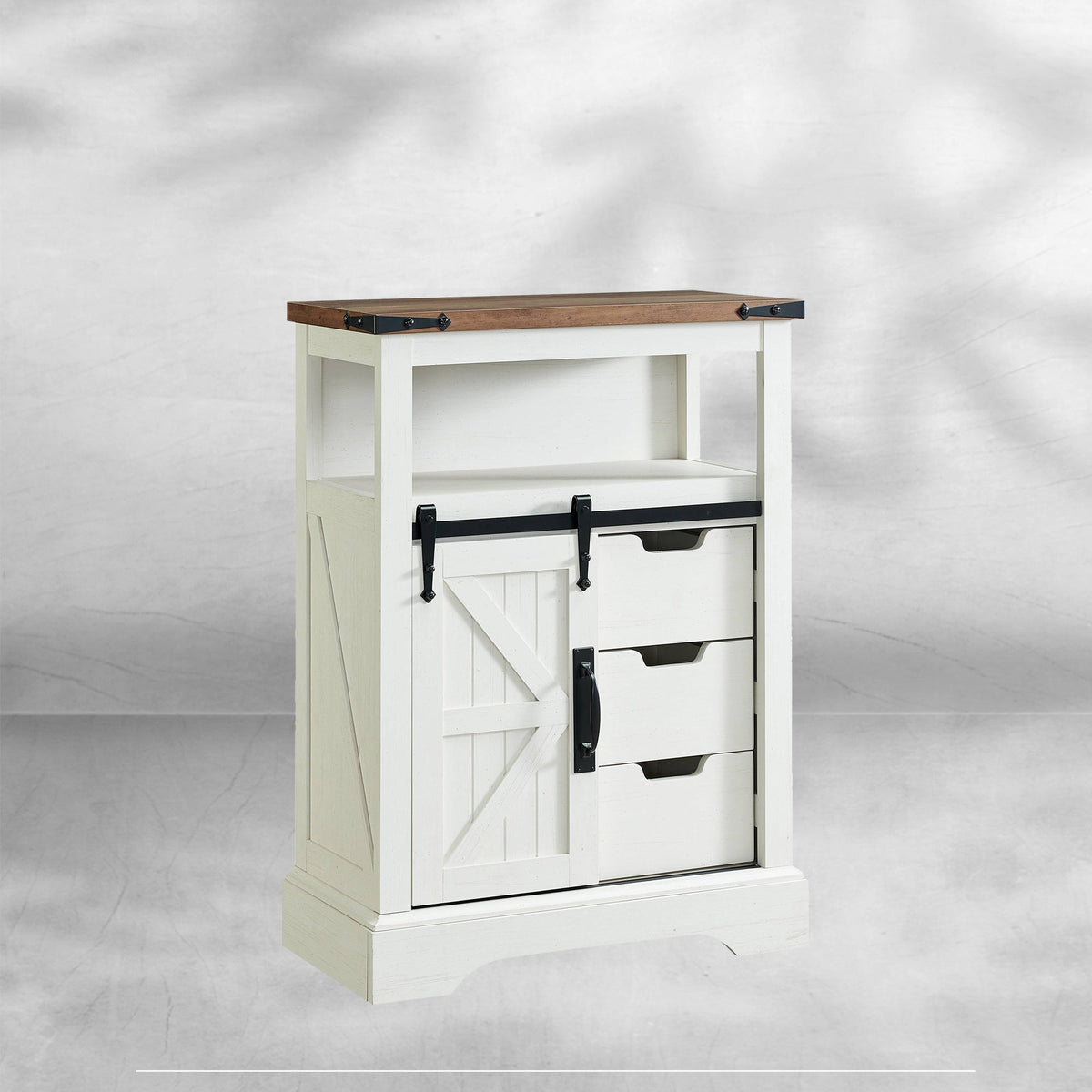 Farmhouse Bathroom Floor Cabinet with Sliding Barn Door & Drawers