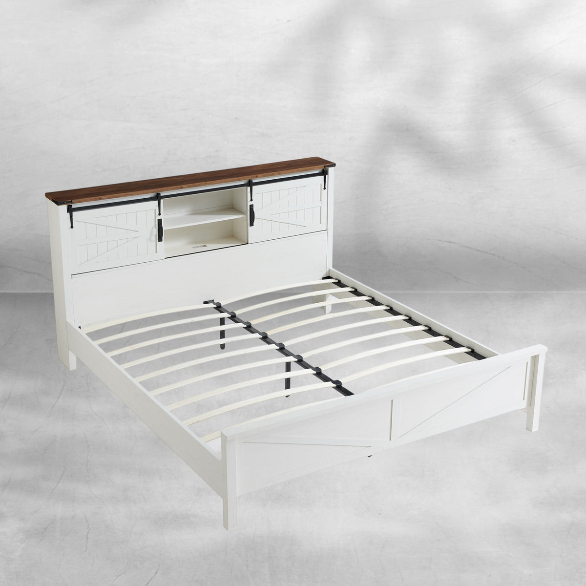 Rustic Farmhouse King Bed Frame with Bookcase Headboard and Charging Station