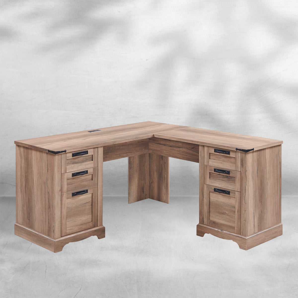 60" Farmhouse L Shaped Desk with Charging Station and Drawers