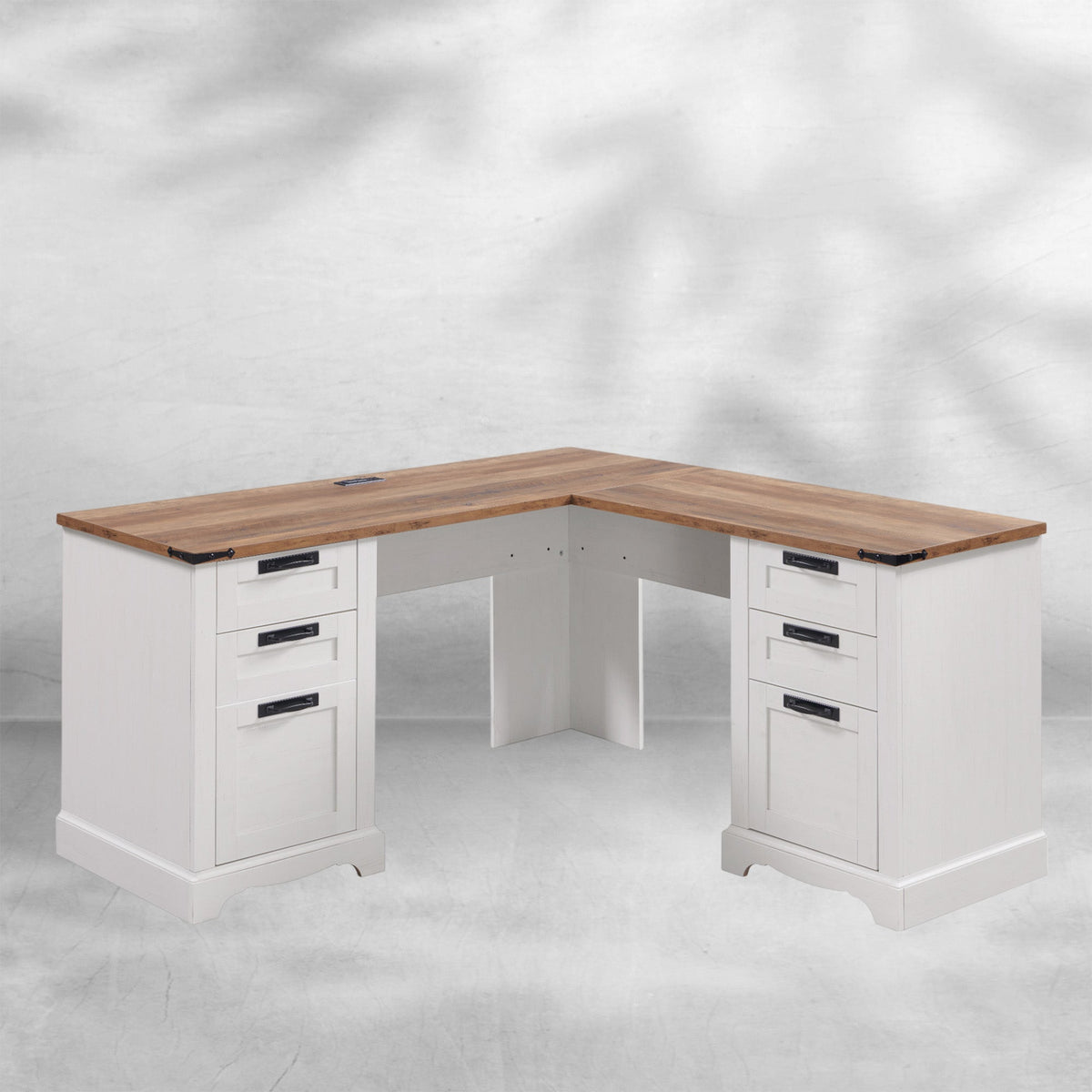 60" Farmhouse L Shaped Desk with Charging Station and Drawers