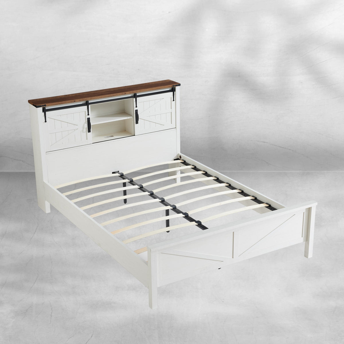 Farmhouse Queen Bed Frame with Storage Headboard, Sliding Barn Door