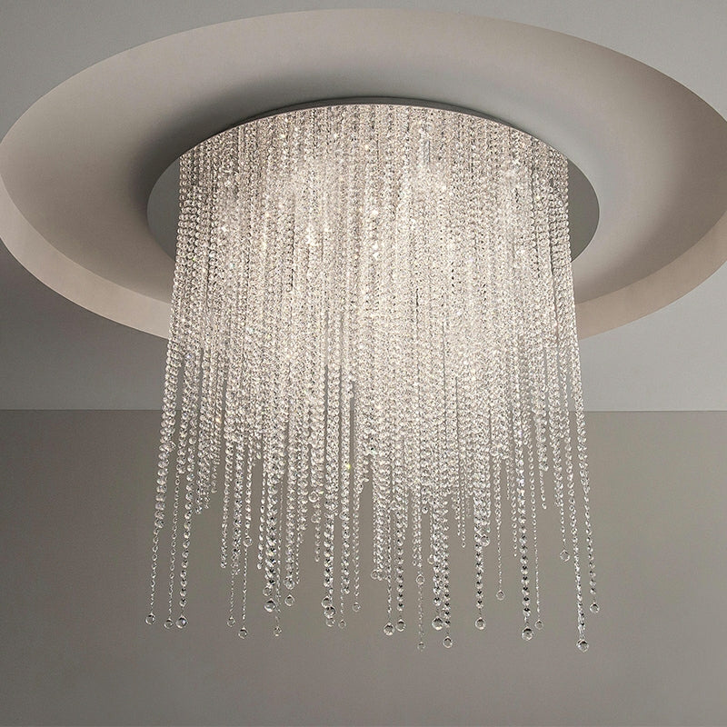 Crystal Tassel Flush Mounted Chandelier Round Ceiling Light Fixture For Living Room Bedroom Dining Room Wedding