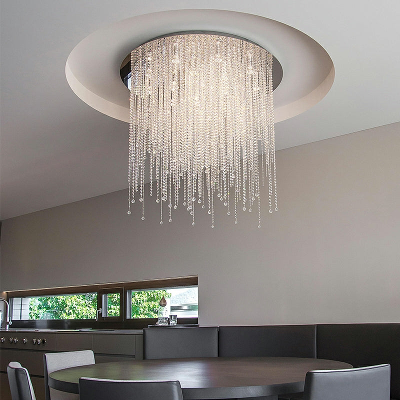 Crystal Tassel Flush Mounted Chandelier Round Ceiling Light Fixture For Living Room Bedroom Dining Room Wedding