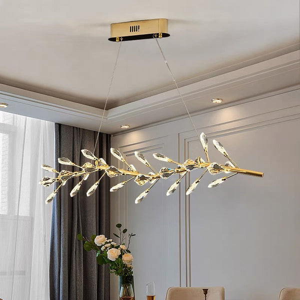 Sleek Modern Branch Crystal Leaves Linear Chandelier for Kitchen Island and Dining Room