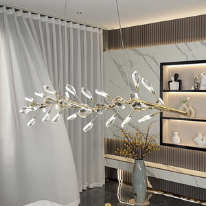 Sleek Modern Branch Crystal Leaves Linear Chandelier for Kitchen Island and Dining Room