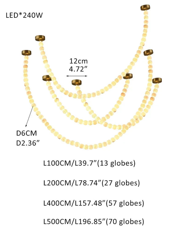 Modern LED Natural Alabaster Globes Beads Hanging Chandelier Indoor Lighting Fixture 167 globes-L100+L200+L400+L500CM L40"+L80"+L157"+L197" Brass + White Modern Pendant lamp