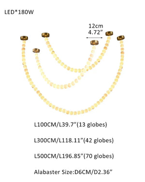 Modern LED Natural Alabaster Globes Beads Hanging Chandelier Indoor Lighting Fixture 125 globes-L100+L300+L500CM L40"+L118"+L197" Brass + White Modern Pendant lamp