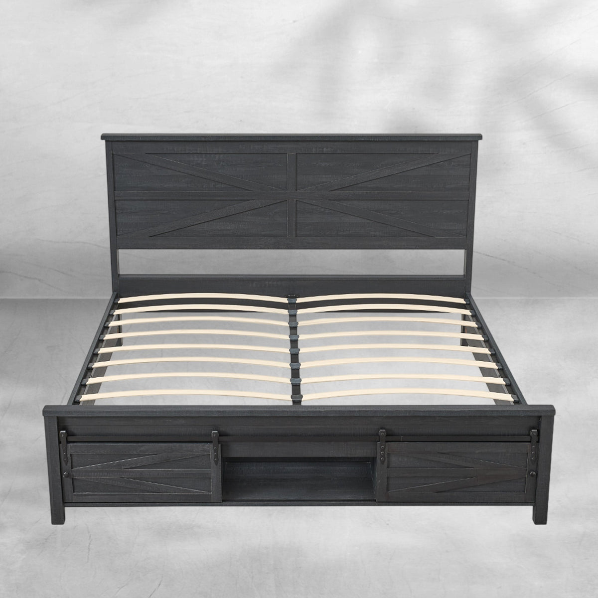 Queen Size Farmhouse Wood Bed Frame 64" with Barn Door Cabinets