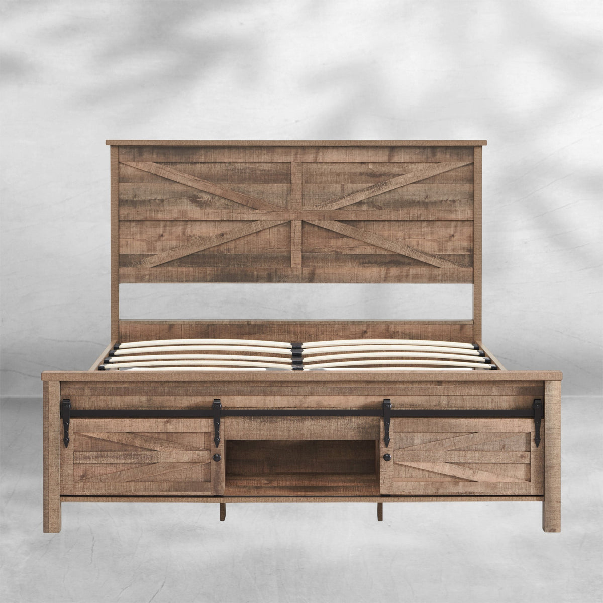 Queen Size Farmhouse Wood Bed Frame 64" with Barn Door Cabinets