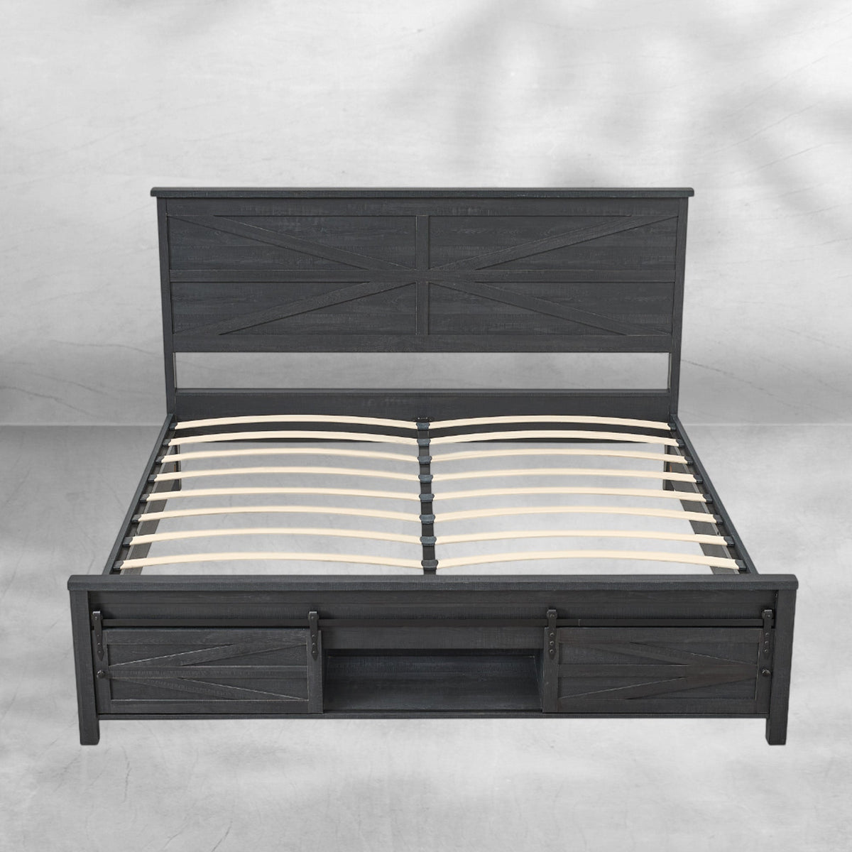 Full Size Farmhouse Wood Bed Frame 58" with Barn Door Cabinets