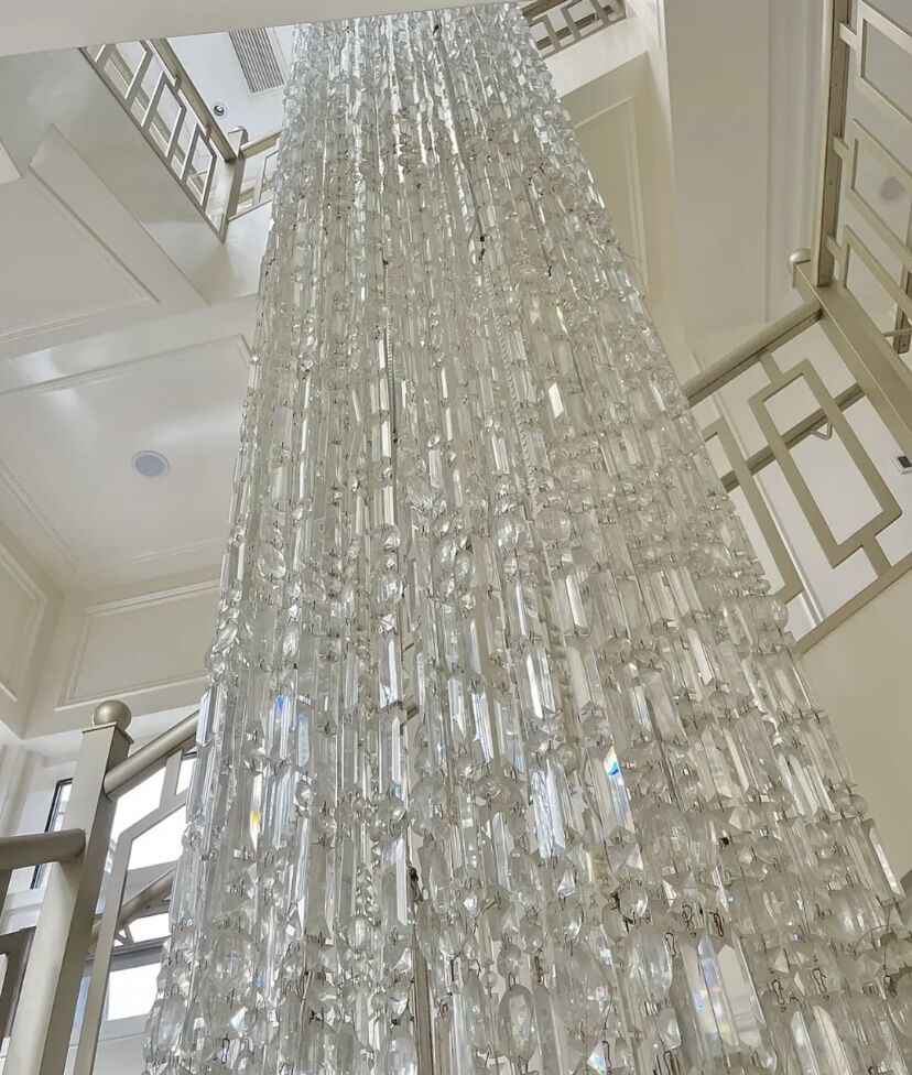 Oversized Silver Crystal Long Ceiling Chandelier Art Designer Column Waterfall Decorative Staircase Light Fixture