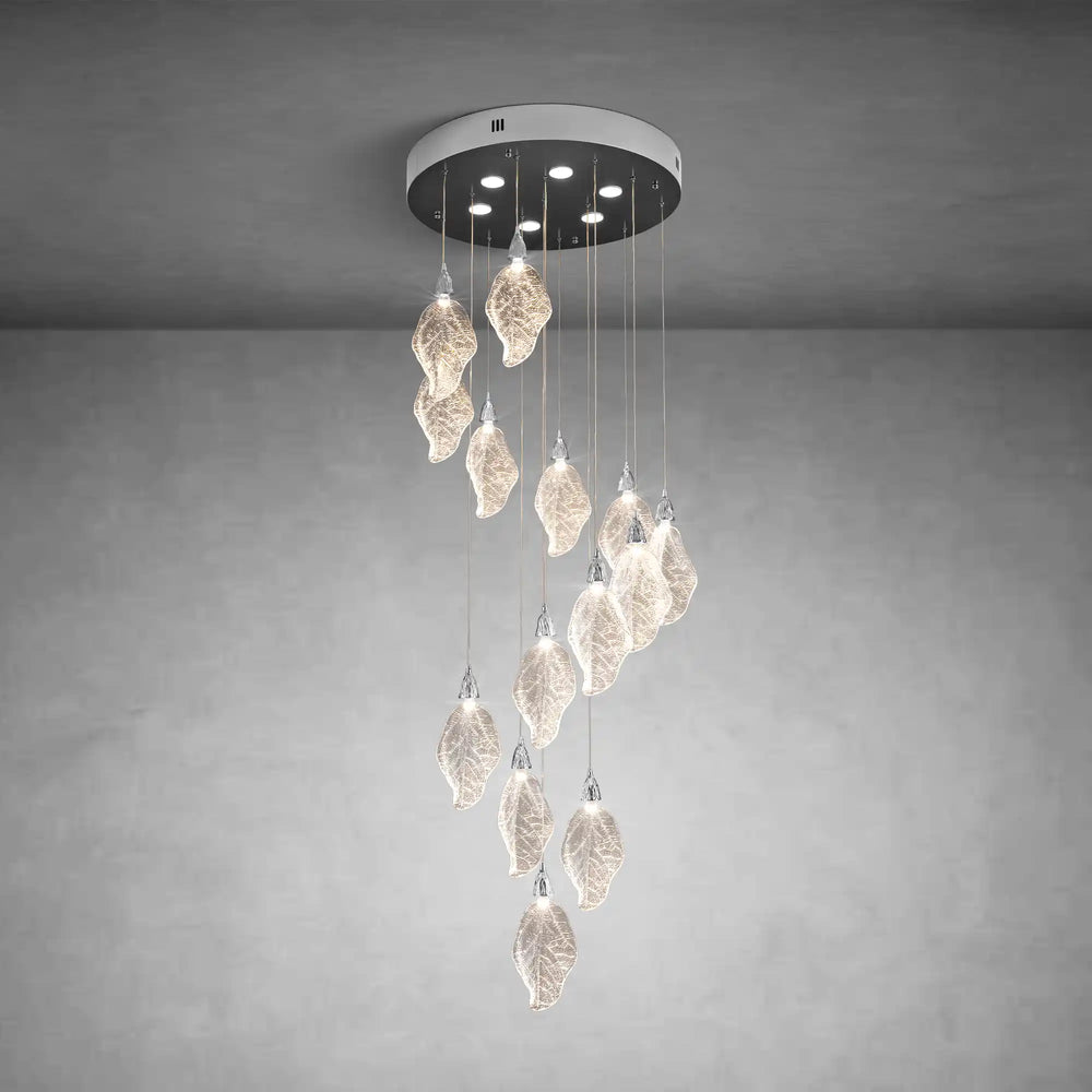 Silver Bionic Leaf 20-Light LED Chandelier for High Ceilings