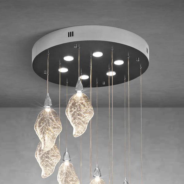 Silver Bionic Leaf 20-Light LED Chandelier for High Ceilings