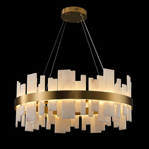 Adjustable Luxury Alabaster Round Chandelier – 31.5in Natural Stone