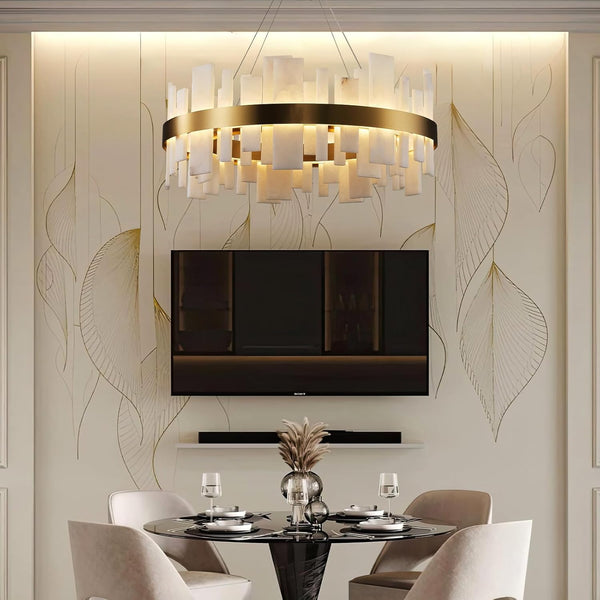 Adjustable Luxury Alabaster Round Chandelier – 31.5in Natural Stone