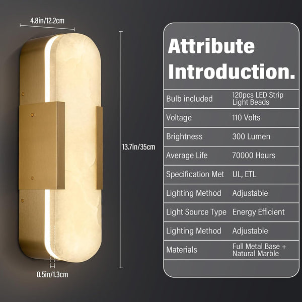 Alabaster Brass Wall Sconce Set of Two, 13.8‑inch