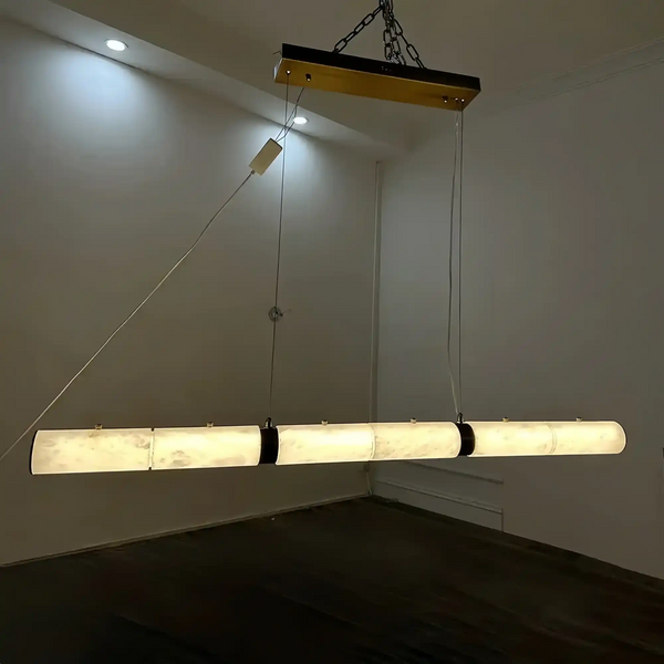 Modern Linear Alabaster Chandelier, Chandelier Over Dining Table