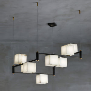 Alabaster Square Box Chandelier with 4/5/6/8/9 heads-8 Heads L 36.6" x W 36.6" x H 17.7" / L 93cm x W 93cm x H 45cm-Brass & Black & White-Arialamps