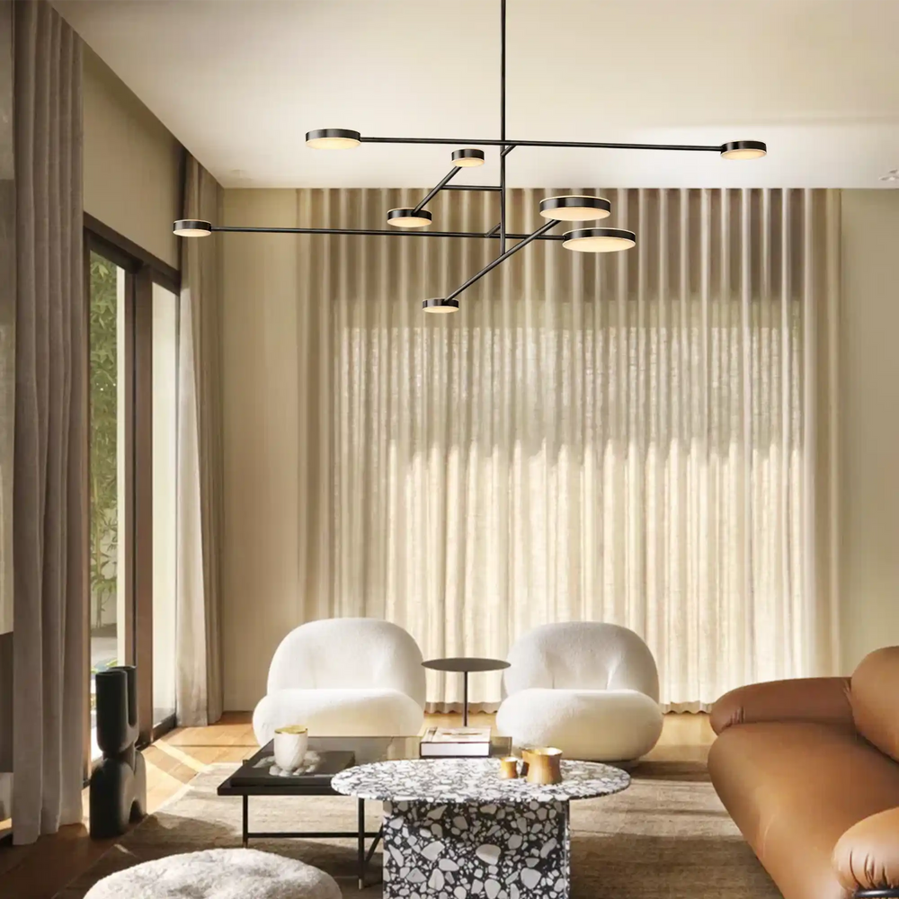 Minimalist living room with the 70-inch Alexander Mobile Chandelier as centerpiece