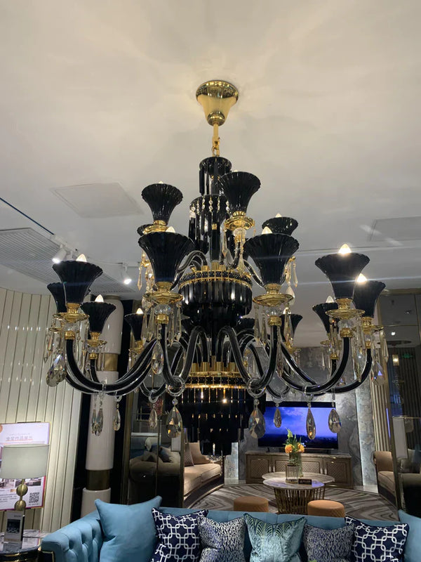 American Traditional Branch Crystal Chandelier with Candle Design in Black and Gold-Chandeliers-12 Lights:D33.5"*H27.6"-Warm Light-Arialamps