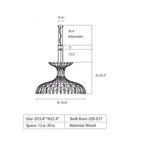 Art Oriental Tone Hand-made Wood Dome Pendant Chandelier for Living/Dining Room-