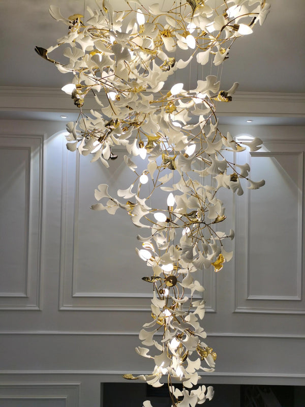 Artistic Tree Branch Pendant Light with Ceramic Ginkgo Leaves for High Ceilings in Hotel or Home-Chandeliers-Arialamps