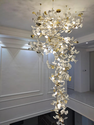 Artistic Tree Branch Pendant Light with Ceramic Ginkgo Leaves for High Ceilings in Hotel or Home-Chandeliers-Arialamps
