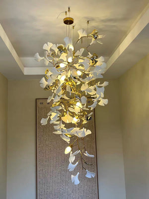 Artistic Tree Branch Pendant Light with Ceramic Ginkgo Leaves for High Ceilings in Hotel or Home-Chandeliers-Arialamps