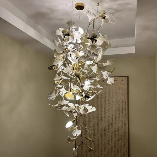 Artistic Tree Branch Pendant Light with Ceramic Ginkgo Leaves for High Ceilings in Hotel or Home-Chandeliers-Arialamps