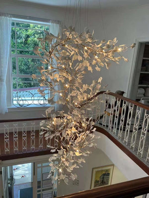 Artistic Tree Branch Pendant Light with Ceramic Ginkgo Leaves for High Ceilings in Hotel or Home-Chandeliers-Arialamps